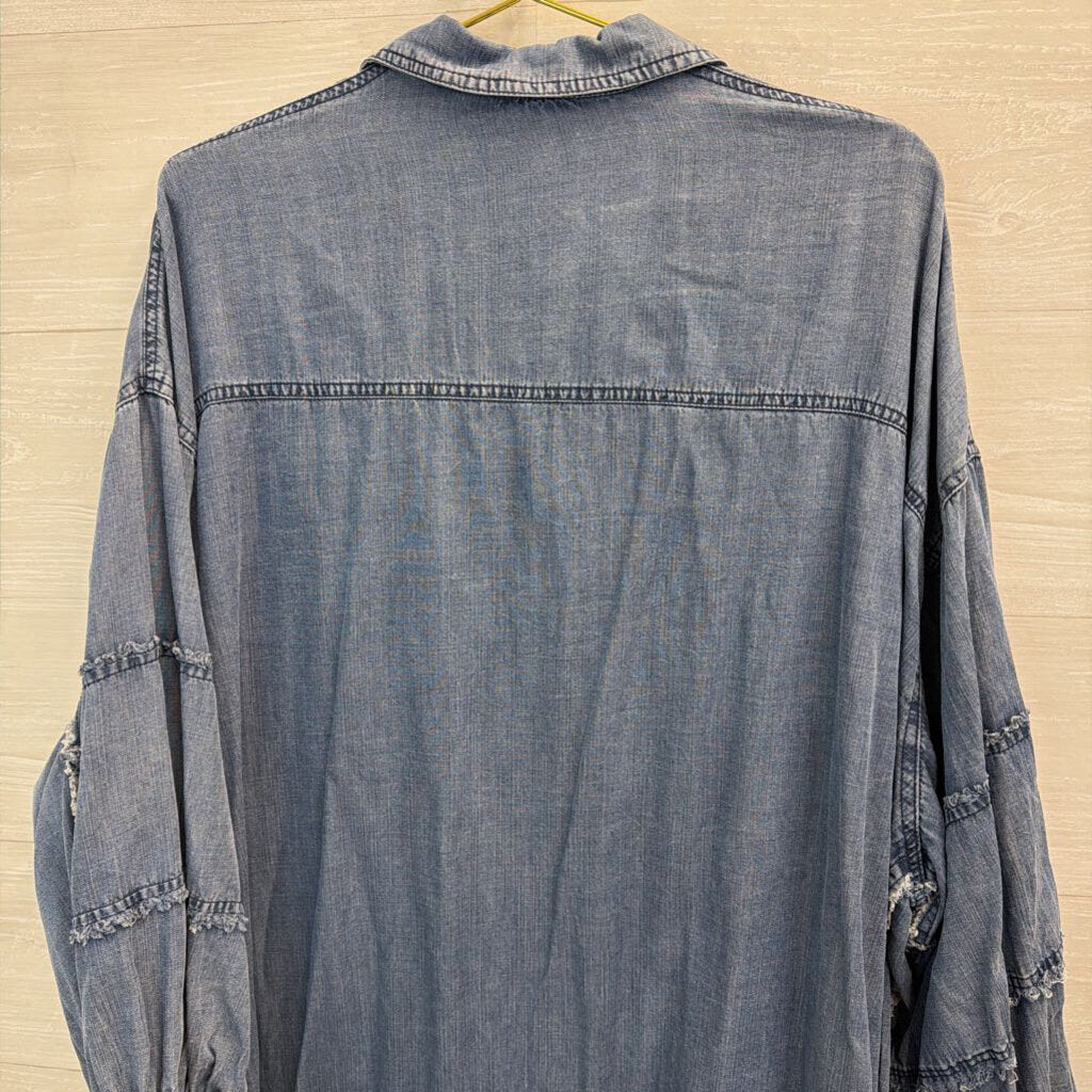 Easel Blue Chambray Distressed Edging Long Sleeve Button Down Dress Large