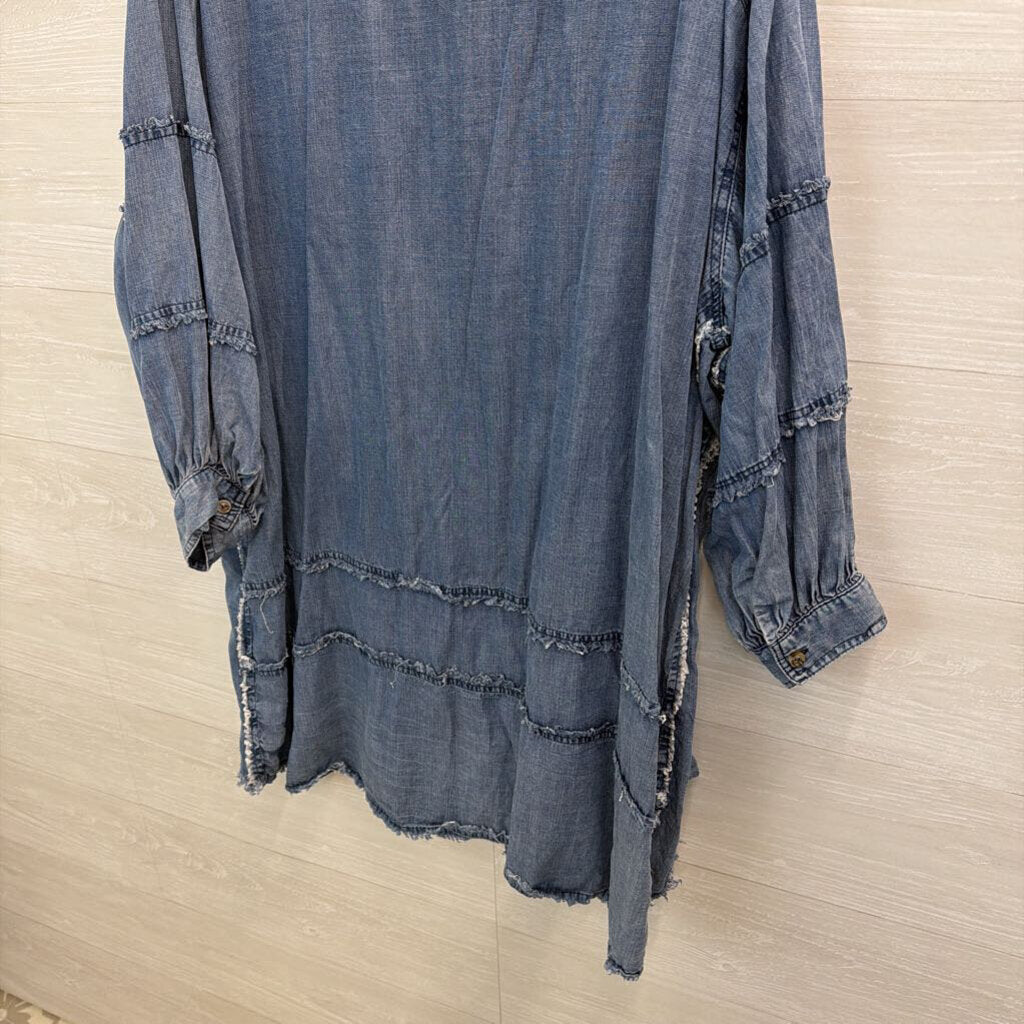 Easel Blue Chambray Distressed Edging Long Sleeve Button Down Dress Large