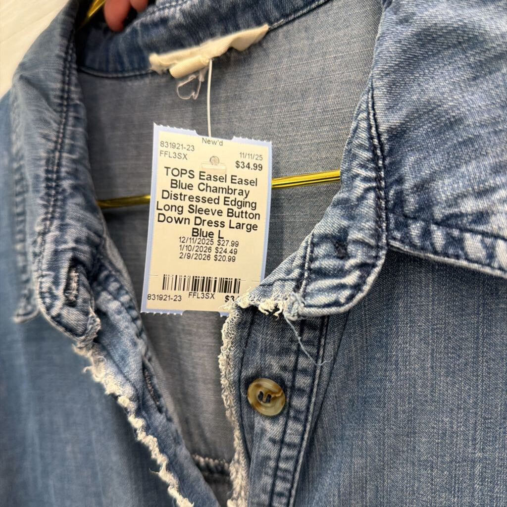 Easel Blue Chambray Distressed Edging Long Sleeve Button Down Dress Large