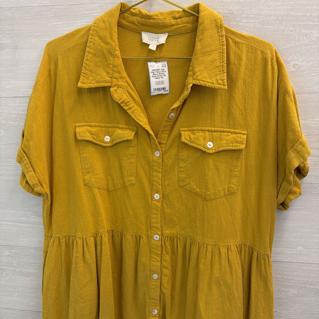 Oddi Yellow Short Sleeve Button Down Dress 1XL