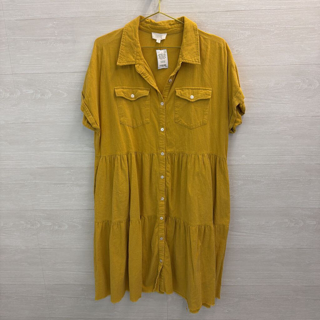 Oddi Yellow Short Sleeve Button Down Dress 1XL