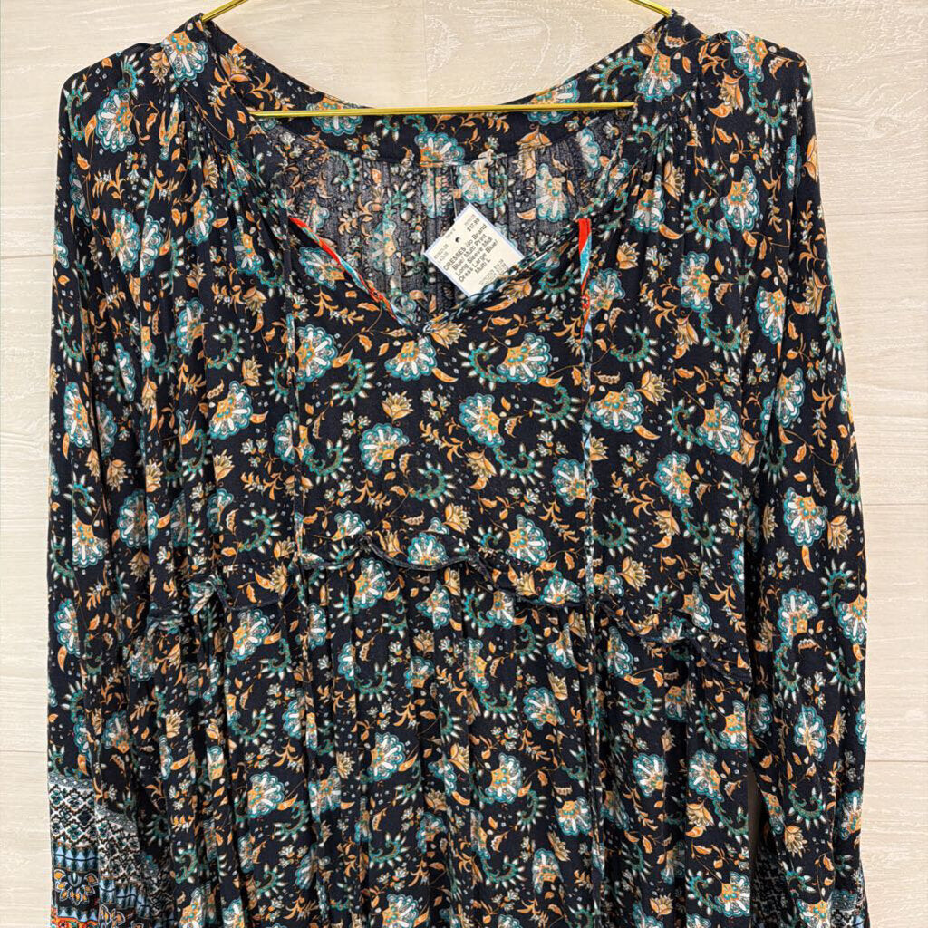 Blue/ Multi Print Long Sleeve Midi Dress Large