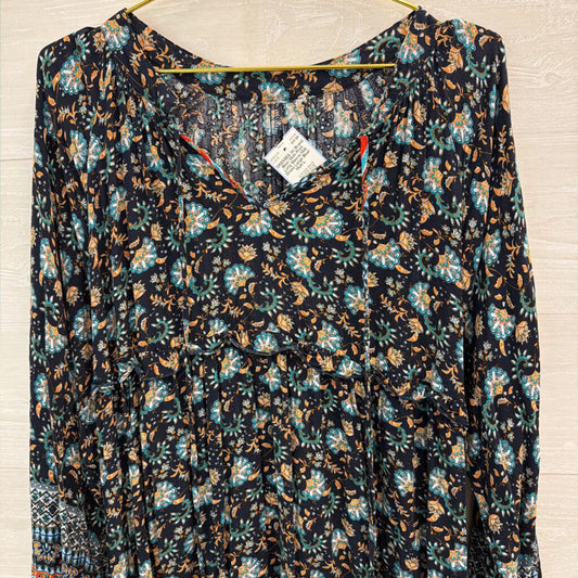 Blue/ Multi Print Long Sleeve Midi Dress Large