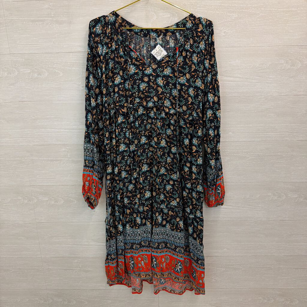 Blue/ Multi Print Long Sleeve Midi Dress Large