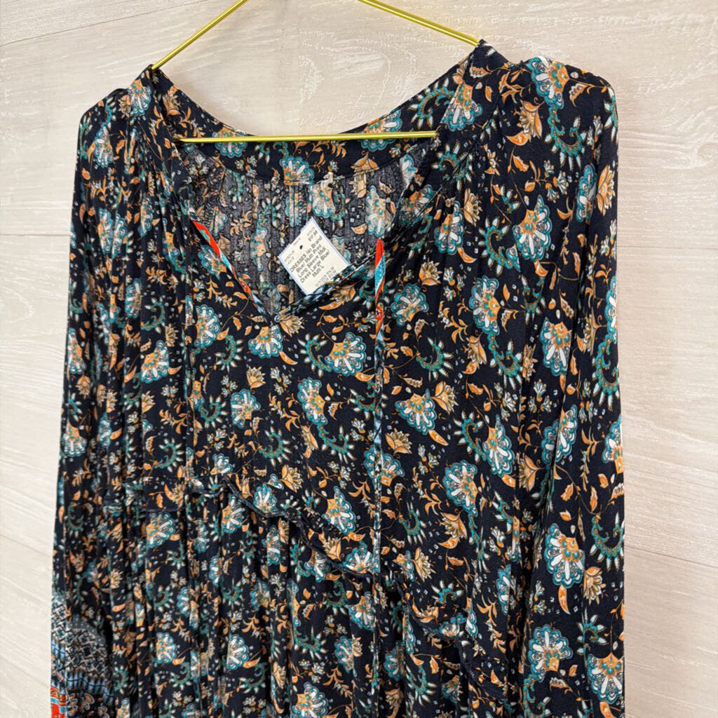 Blue/ Multi Print Long Sleeve Midi Dress Large