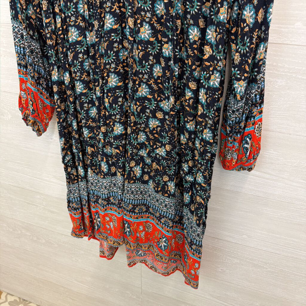 Blue/ Multi Print Long Sleeve Midi Dress Large