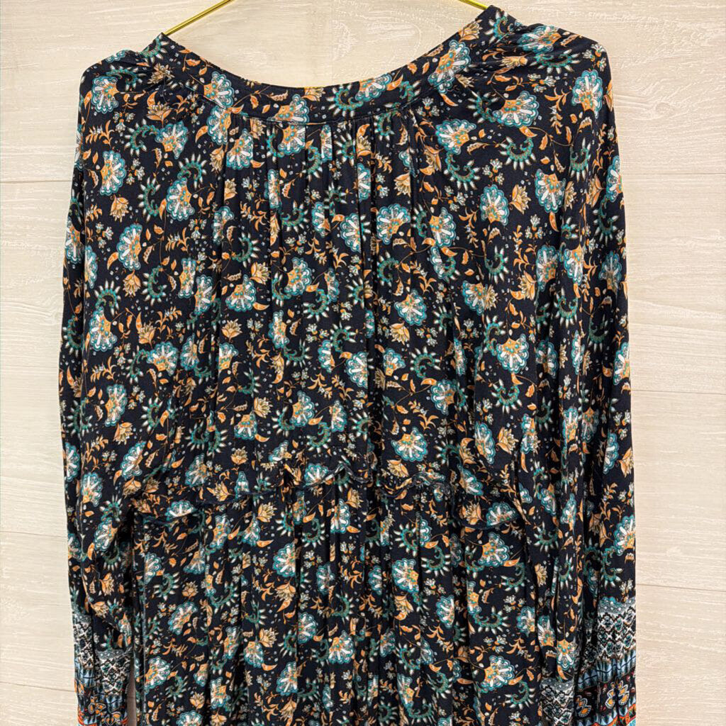 Blue/ Multi Print Long Sleeve Midi Dress Large