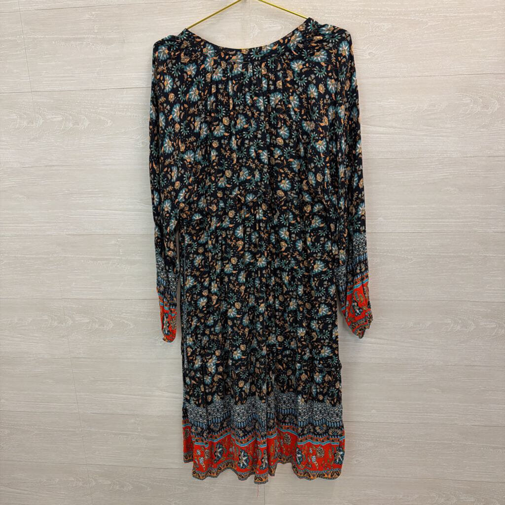 Blue/ Multi Print Long Sleeve Midi Dress Large