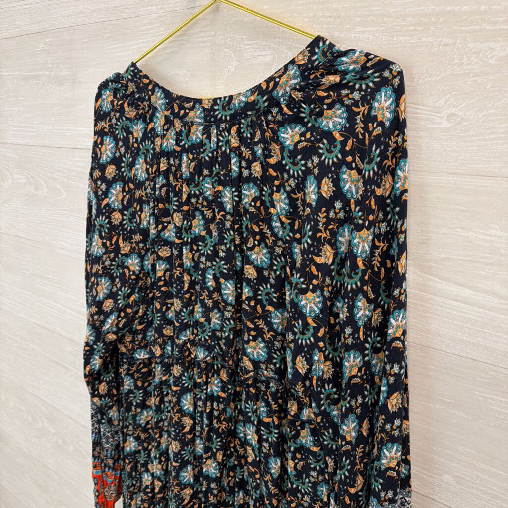 Blue/ Multi Print Long Sleeve Midi Dress Large