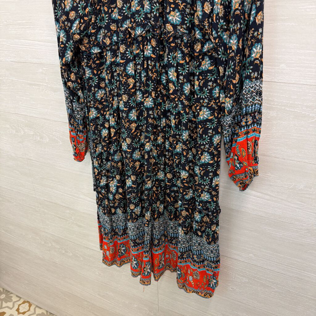 Blue/ Multi Print Long Sleeve Midi Dress Large