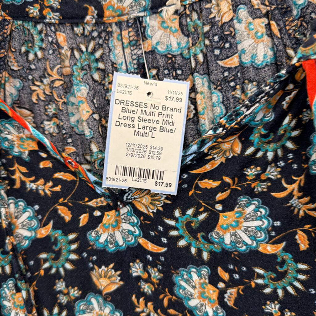 Blue/ Multi Print Long Sleeve Midi Dress Large