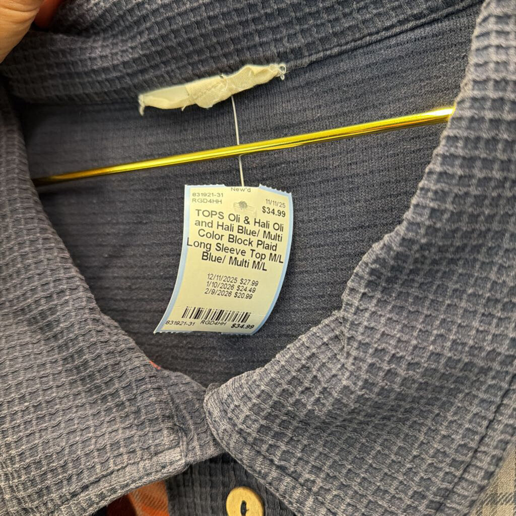 Oli and Hali Blue/ Multi Color Block Plaid Long Sleeve Top M/L