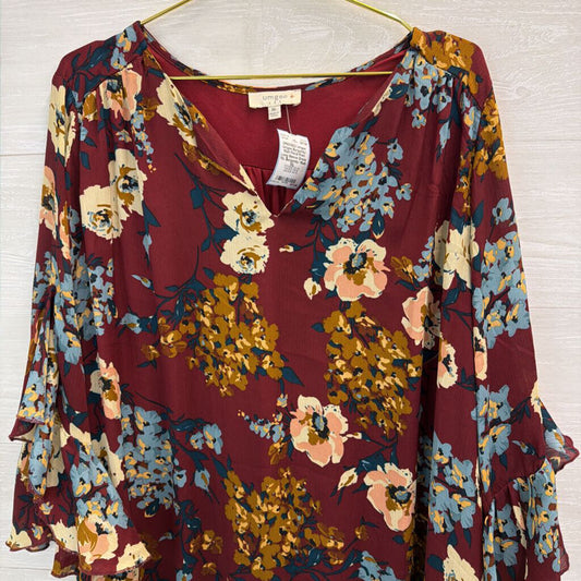 Umgee Burgundy/ Multi Floral Print Long Sleeve Dress 1XL