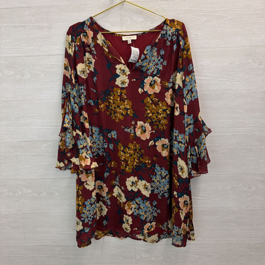 Umgee Burgundy/ Multi Floral Print Long Sleeve Dress 1XL