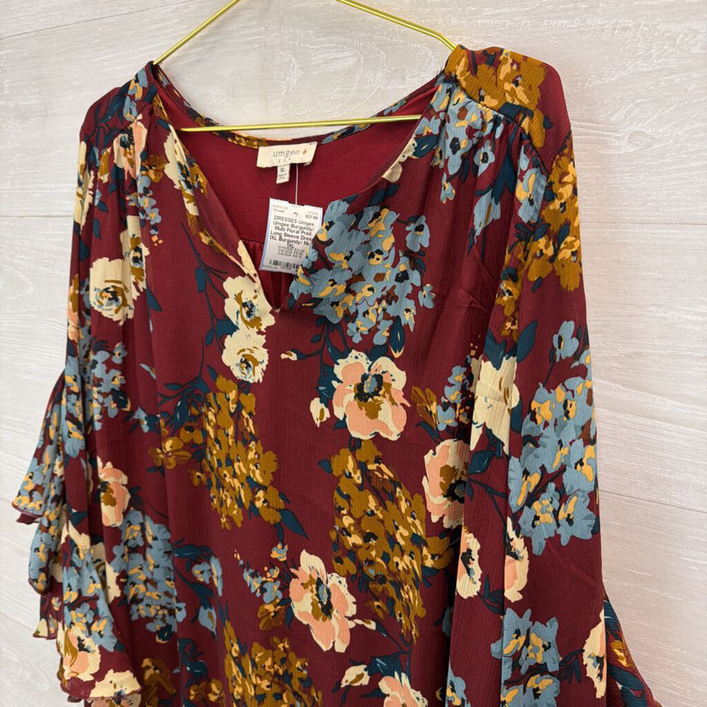 Umgee Burgundy/ Multi Floral Print Long Sleeve Dress 1XL