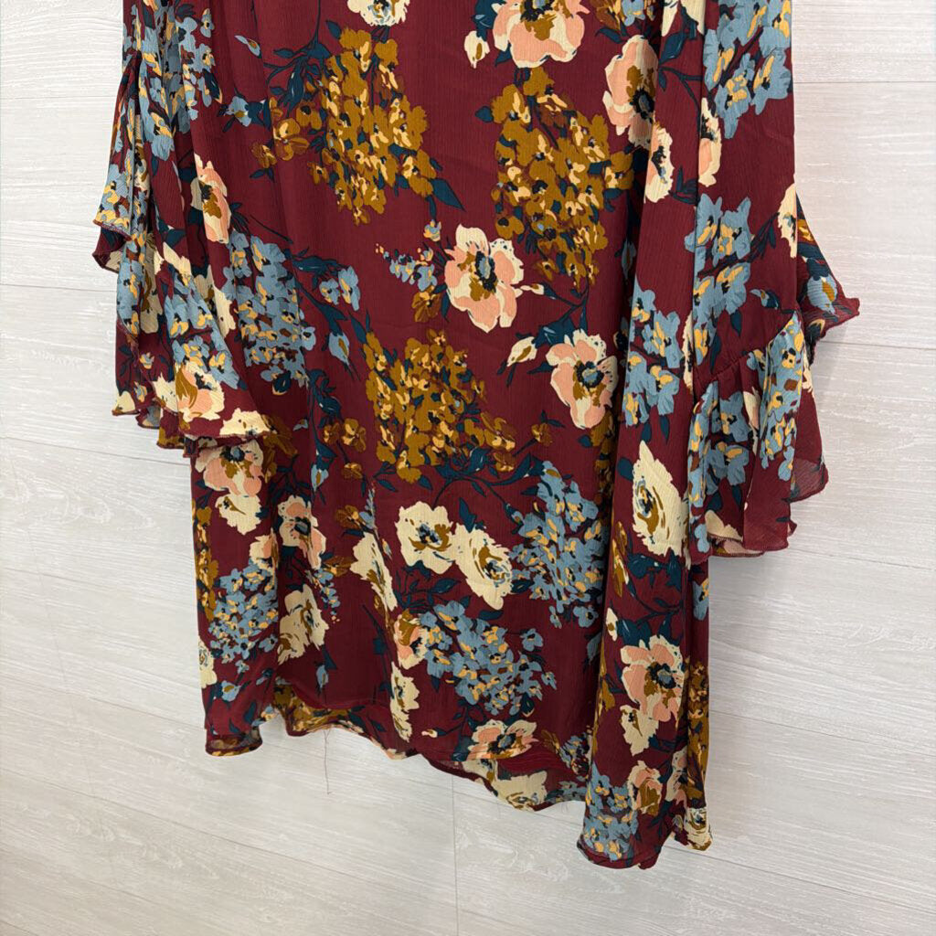 Umgee Burgundy/ Multi Floral Print Long Sleeve Dress 1XL