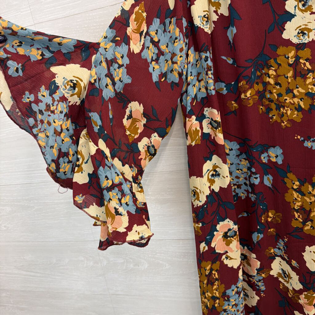 Umgee Burgundy/ Multi Floral Print Long Sleeve Dress 1XL