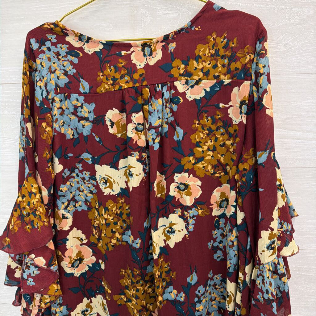 Umgee Burgundy/ Multi Floral Print Long Sleeve Dress 1XL