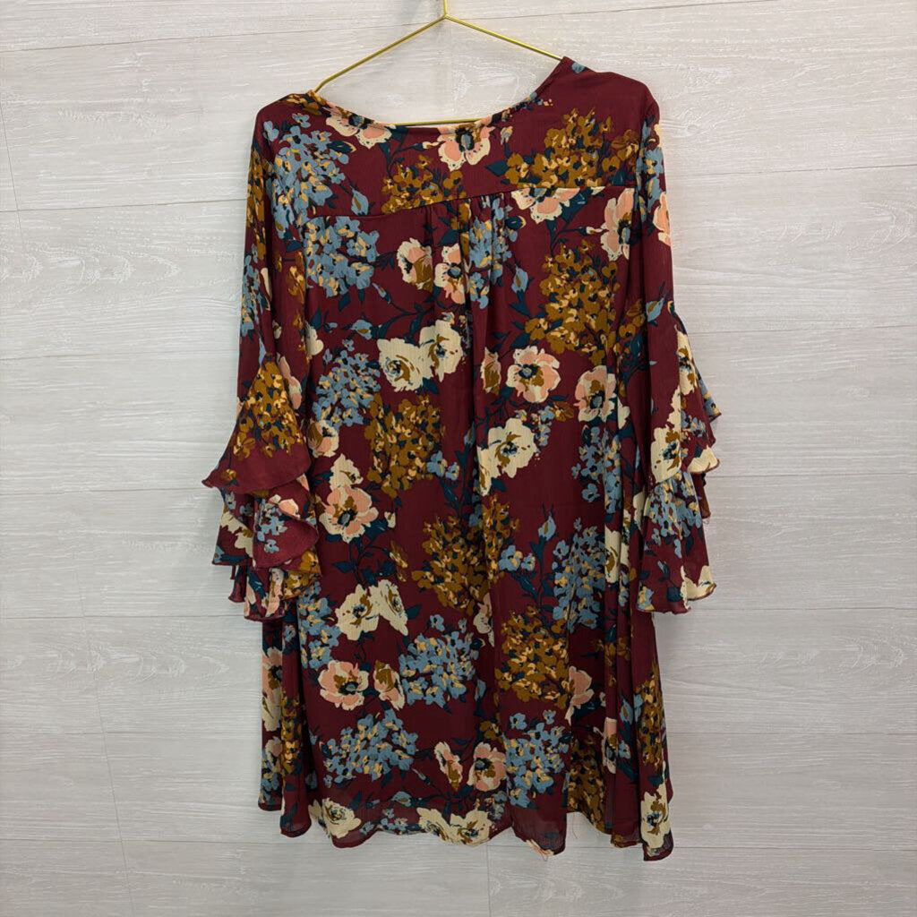 Umgee Burgundy/ Multi Floral Print Long Sleeve Dress 1XL