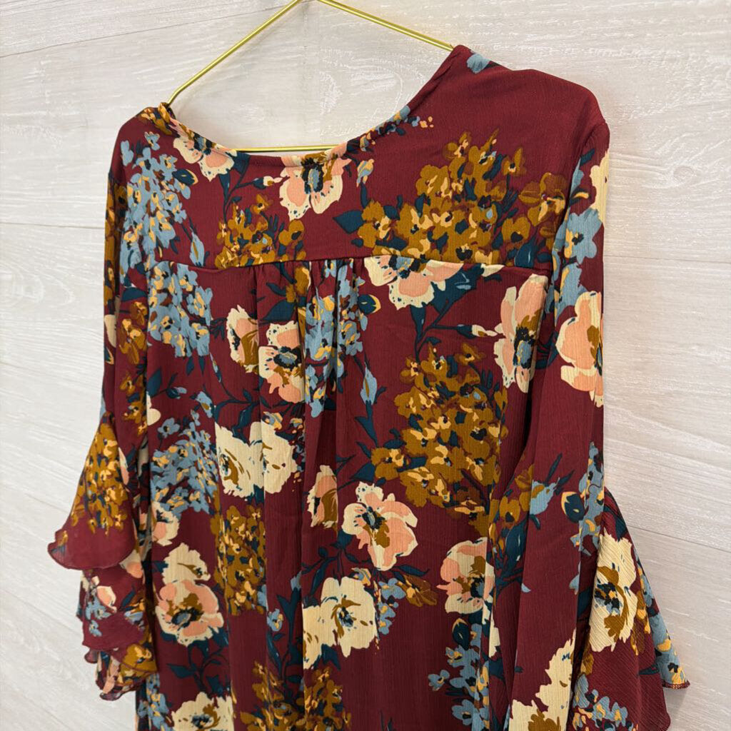 Umgee Burgundy/ Multi Floral Print Long Sleeve Dress 1XL