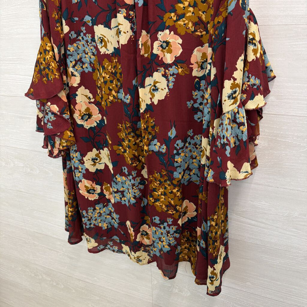 Umgee Burgundy/ Multi Floral Print Long Sleeve Dress 1XL