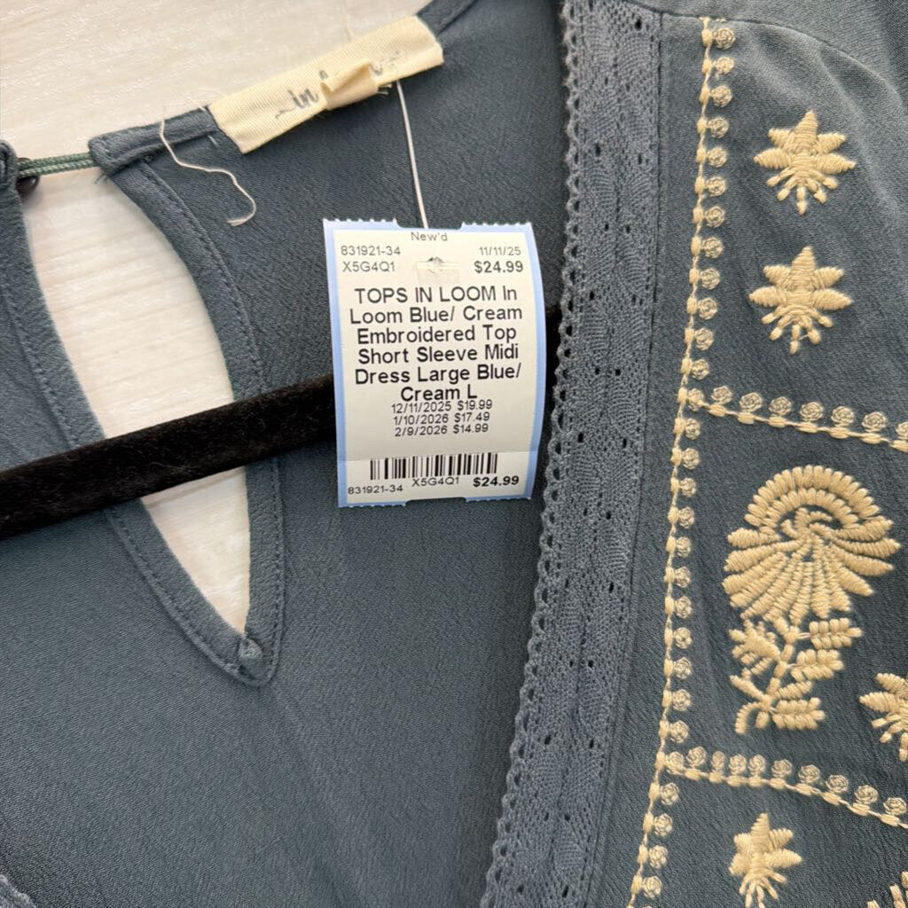 In Loom Blue/ Cream Embroidered Top Short Sleeve Midi Dress Large