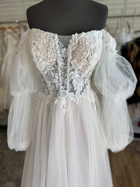 Stella York Beaded Lace Top Long Off Shoulder Sleeve Bridal Gown 18