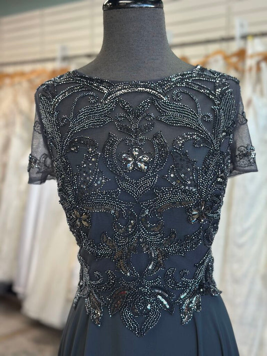 Xscape Stormy Beaded Short Sleeve Top Long Formal Dress 12