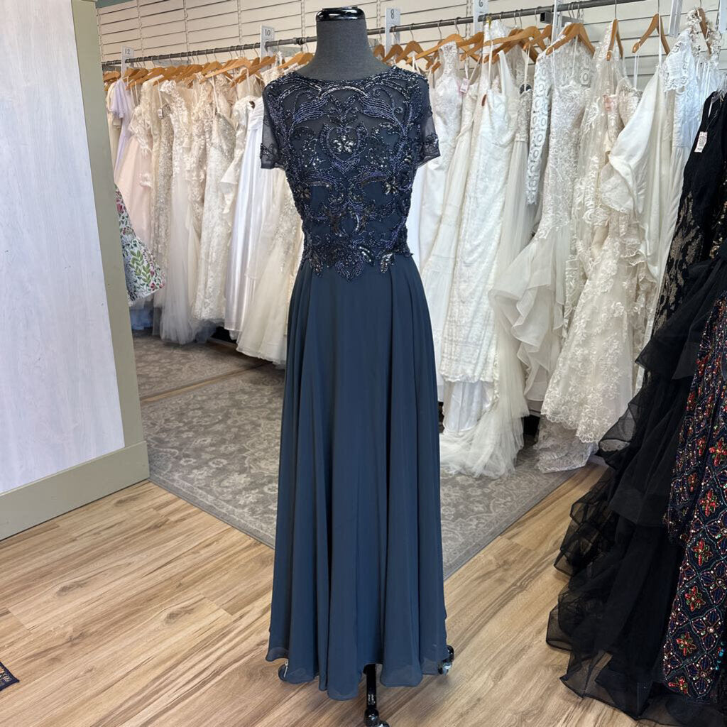 Xscape Stormy Beaded Short Sleeve Top Long Formal Dress 12