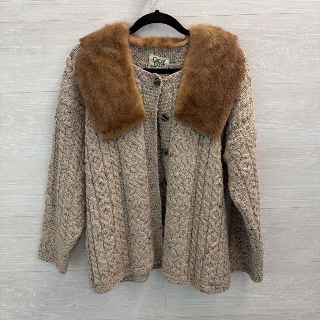 Vintage Carraig Donn 100% Pure New Wool Brown Cable Knit Fur Collar Cardigan Sweater Large