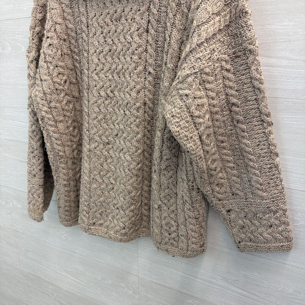 Vintage Carraig Donn 100% Pure New Wool Brown Cable Knit Fur Collar Cardigan Sweater Large