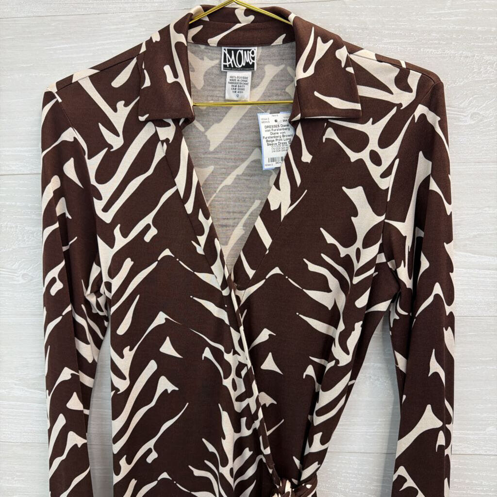Diane von Furstenberg Brown/ Beige Print Long Sleeve Dress 12