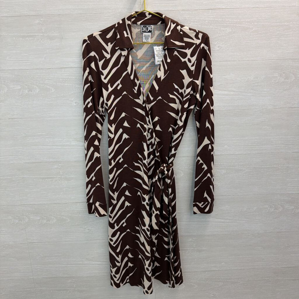 Diane von Furstenberg Brown/ Beige Print Long Sleeve Dress 12