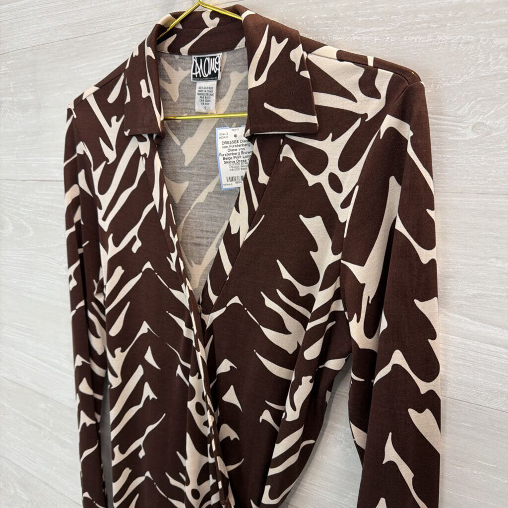 Diane von Furstenberg Brown/ Beige Print Long Sleeve Dress 12