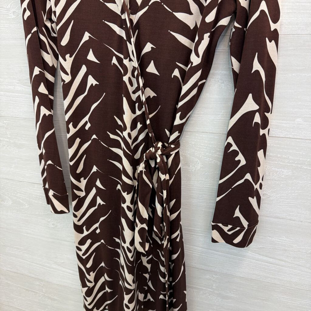 Diane von Furstenberg Brown/ Beige Print Long Sleeve Dress 12