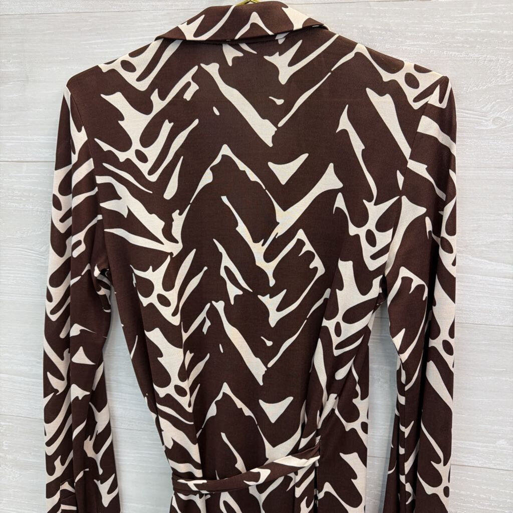 Diane von Furstenberg Brown/ Beige Print Long Sleeve Dress 12