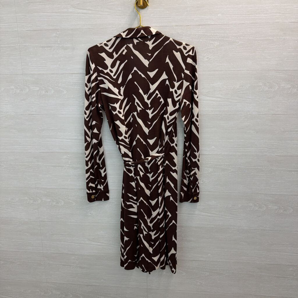 Diane von Furstenberg Brown/ Beige Print Long Sleeve Dress 12