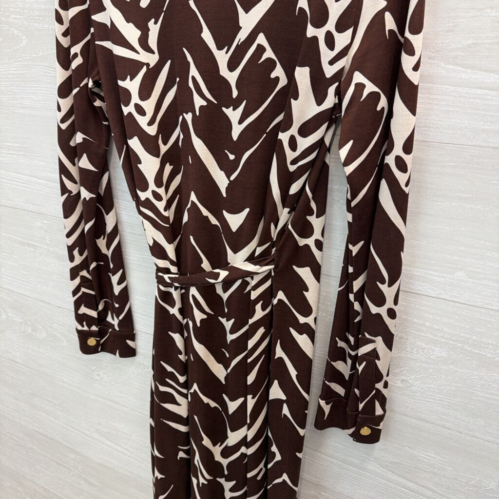 Diane von Furstenberg Brown/ Beige Print Long Sleeve Dress 12