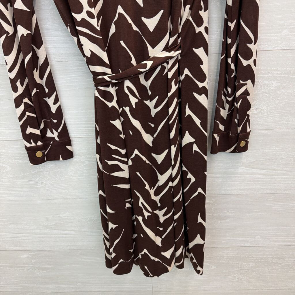 Diane von Furstenberg Brown/ Beige Print Long Sleeve Dress 12