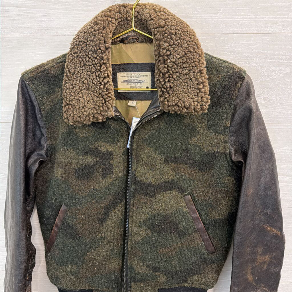 Civilian Pilot Training Black/ Brown Camo Print Leather Sleeve Jacket Small