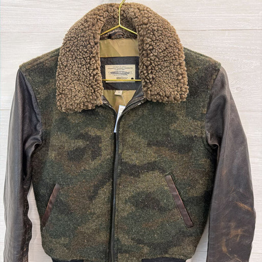 Civilian Pilot Training Black/ Brown Camo Print Leather Sleeve Jacket Small