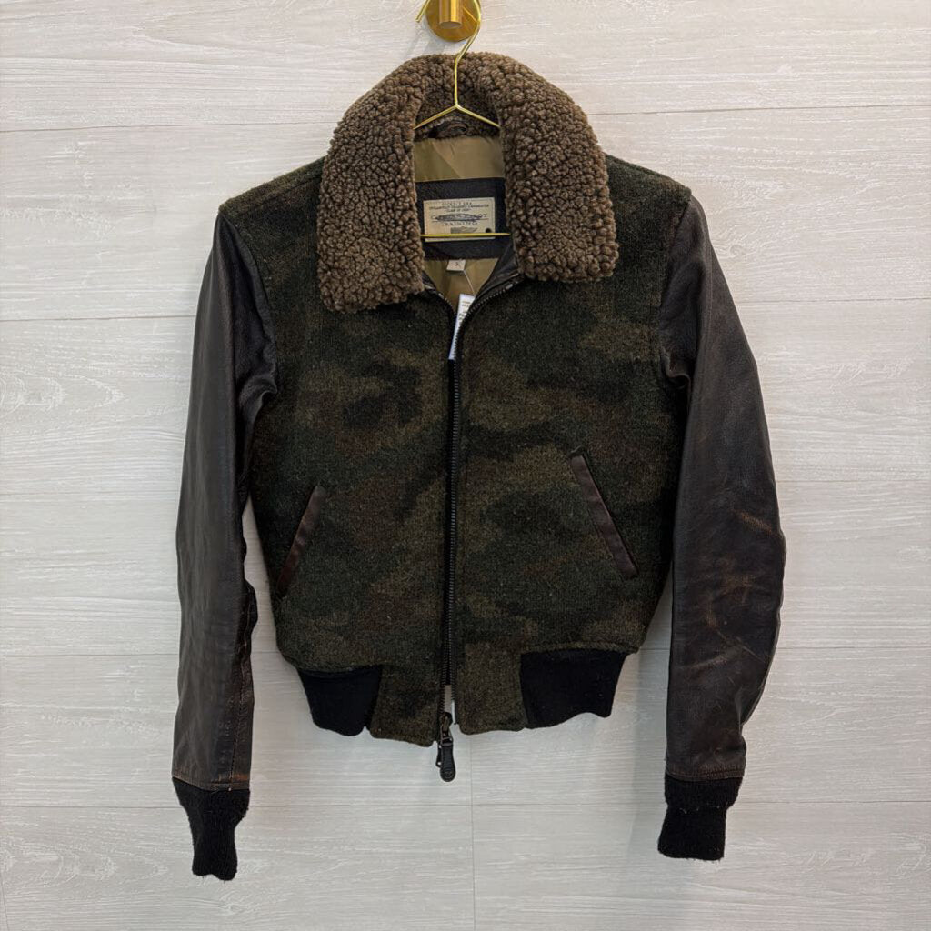 Civilian Pilot Training Black/ Brown Camo Print Leather Sleeve Jacket Small