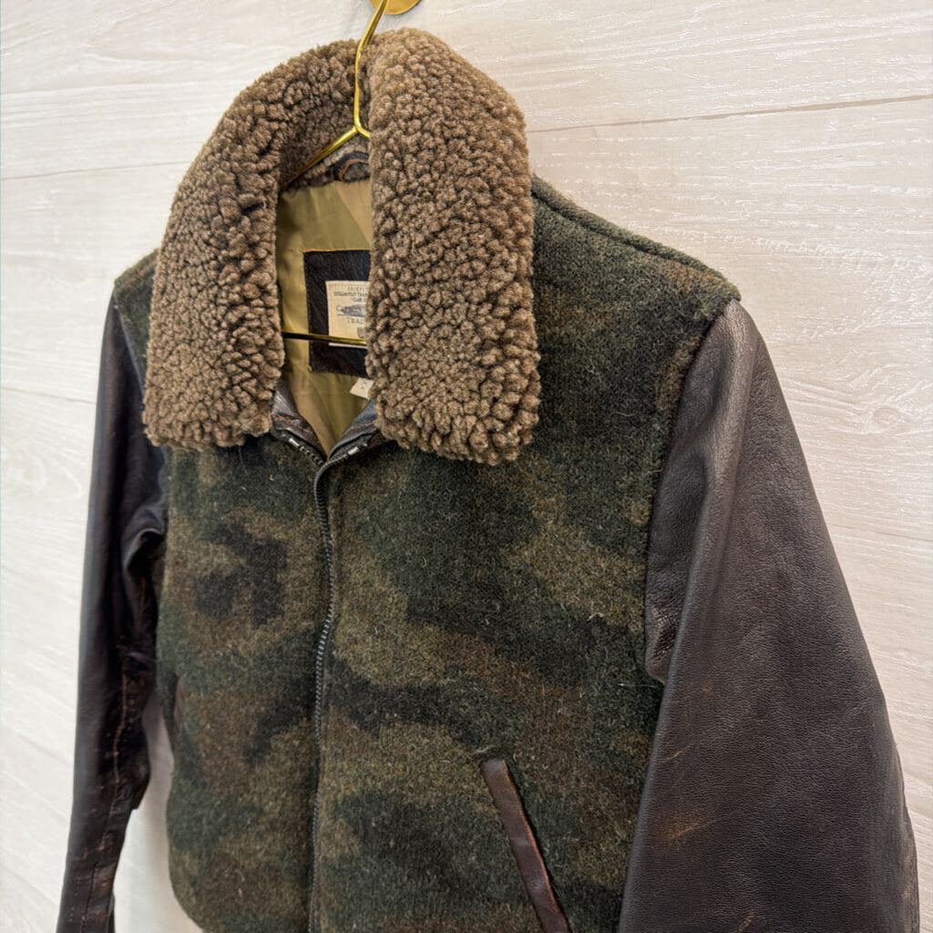 Civilian Pilot Training Black/ Brown Camo Print Leather Sleeve Jacket Small