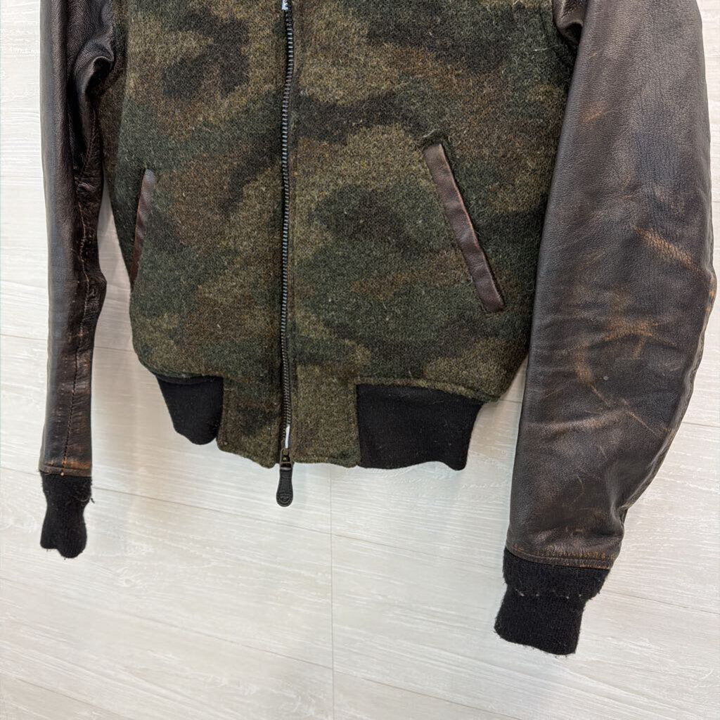 Civilian Pilot Training Black/ Brown Camo Print Leather Sleeve Jacket Small