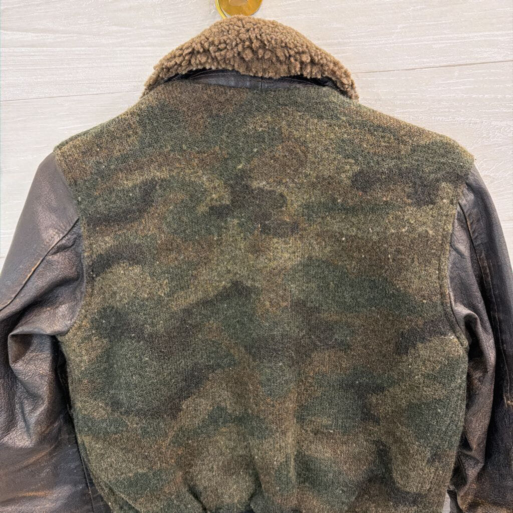 Civilian Pilot Training Black/ Brown Camo Print Leather Sleeve Jacket Small