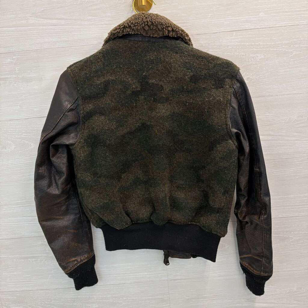 Civilian Pilot Training Black/ Brown Camo Print Leather Sleeve Jacket Small