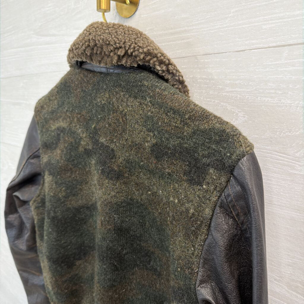 Civilian Pilot Training Black/ Brown Camo Print Leather Sleeve Jacket Small