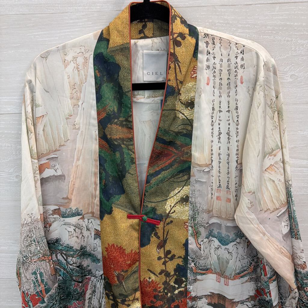 Ciel White/ Multi Print Silky Fringe Hem Jacket Top Medium