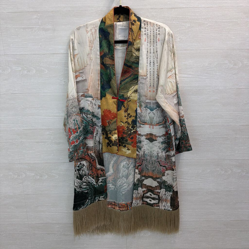 Ciel White/ Multi Print Silky Fringe Hem Jacket Top Medium