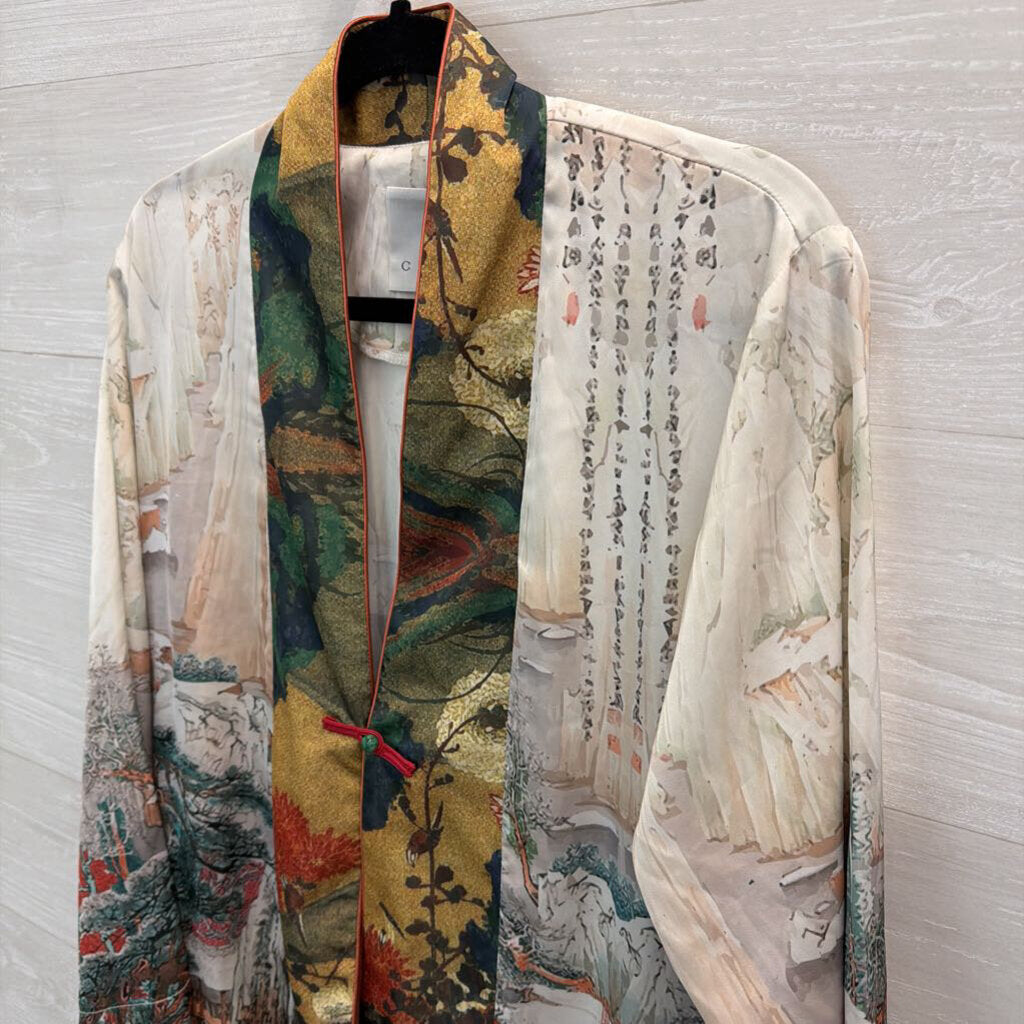 Ciel White/ Multi Print Silky Fringe Hem Jacket Top Medium